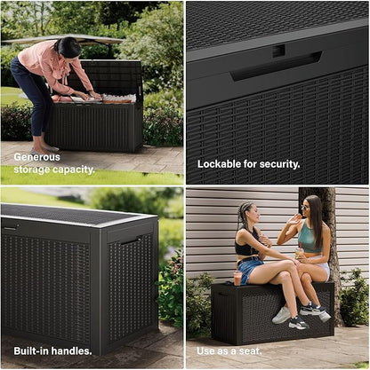 100 Gallon Deck Box, Resin Outdoor Indoor Waterproof Storage Box, Lockable Storage Box With Handle for Patio Furniture - Garden Tools - Swimming Pool Tools UV-Resistant, (100 Gallon Black)
