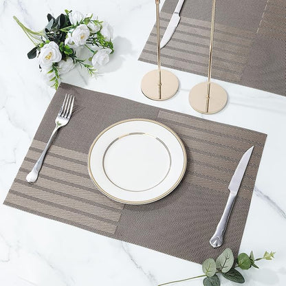 fanquare Vinyl Woven Placemats Set of 6 Classic Stylish Brown Patchwork Striped PVC Placemat for Dining Table Washable Non-Slip Waterproof Table Mats
