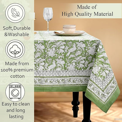 CPC Tablecloth 100% Cotton 72x160 Inch Indian Block Print Rectangle Table Cover, Blue Table Cloth for Weddings, Spring/Summer, Barbeque - Olive Green