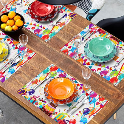 Giwawa Happy Birthday Placemats, Bithday Cake Gifts Decorative Table Mat Set of 4, Colored Flags Balloons Confetti Place Mats 12"x18" for Kitchen Dining Party, Heat Resistant Washable Non-Slip