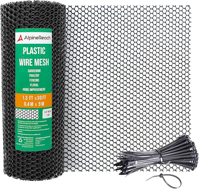AlpineReach Plastic Wire Mesh 1.3ft x 30ft (15.7" x 360") Fence Roll with Zip Ties - Ideal for Poultry, Dogs, Rabbit Barrier & Gardening, Durable Chicken Mesh, Versatile Rigid Fencing & Netting, Black