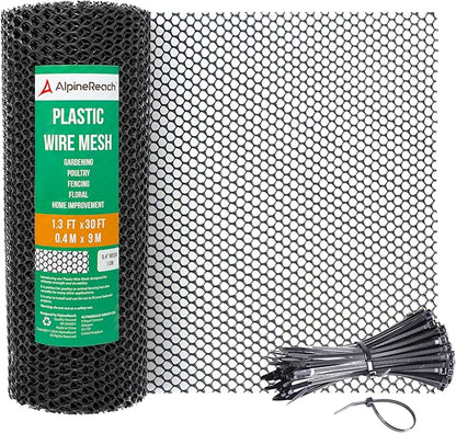 AlpineReach Plastic Wire Mesh 1.3ft x 30ft (15.7" x 360") Fence Roll with Zip Ties - Ideal for Poultry, Dogs, Rabbit Barrier & Gardening, Durable Chicken Mesh, Versatile Rigid Fencing & Netting, Black