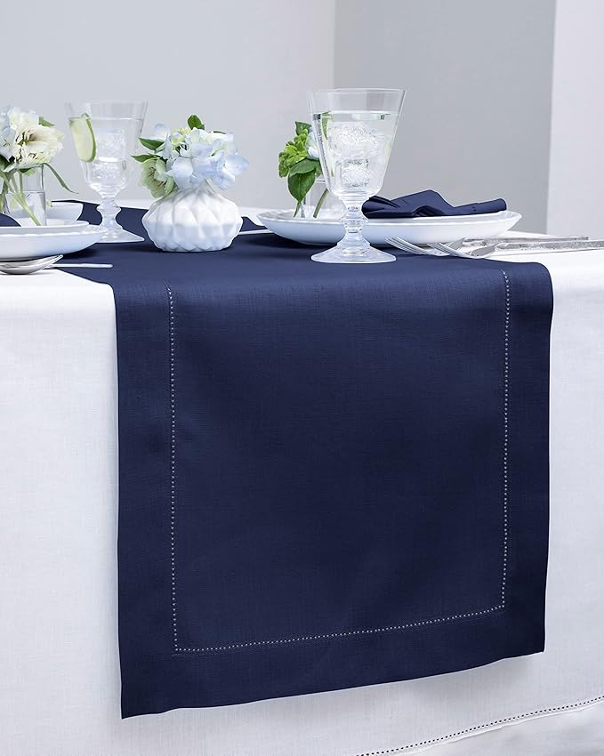 Solino Home Linen Table Runner 120 Inches Long - Classic Hemstitch 100% Pure Linen Navy Blue Dining Table Runner 16 x 120 Inch for Easter, Winter