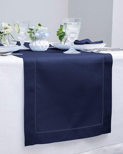 Solino Home Linen Navy Blue Table Runner 48 Inches - Classic Hemstitch, 100% Pure Linen Coffee Table Runner 14 x 48 Inch Ideal for Dresser Tables - Easter