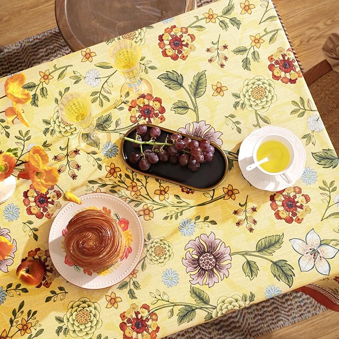 Vintage Linen Tablecloth for Rectangle Table,Yellow Floral French Wrinkle Free Tablecloths,Decorative Table Cover for Kitchen,Dining,Thanksgiving,Party,Farmhouse,63" × 87"-Bellano