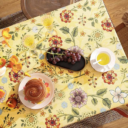 Vintage Linen Tablecloth for Rectangle Table,Yellow Floral French Wrinkle Free Long Tablecloths,Decorative Table Cover for Kitchen,Dining,Thanksgiving,Farmhouse,63" × 102"-Bellano