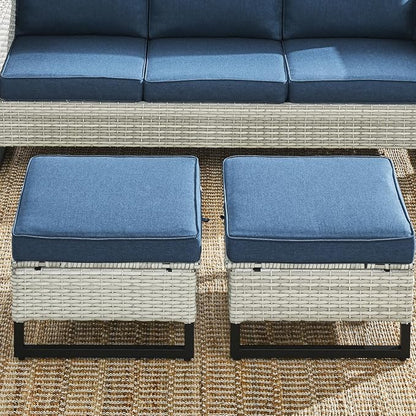 HUMMUH Outdoor Ottomans for Patio Set of 2 PE Wicker Outdoor Footstool with Removable Weather-Resistant Cushions for Patio, Backyard Light Grey Blue