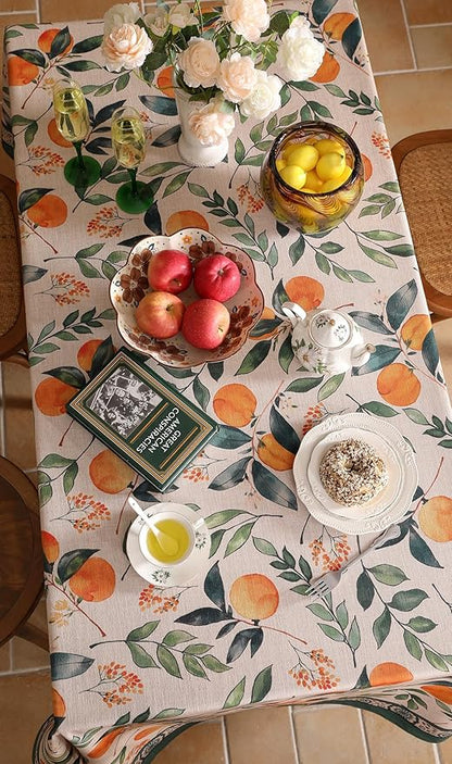 patdrea Designer Vintage Linen Long Rectangle Table Cloth,Framhouse Oranges and Leaves Pattern French Tablecloth,Fall Decor Cover for Kitchen Dining Christmas,Thanksgiving,63"x102"-Palladin a