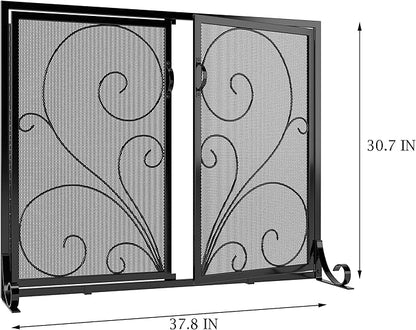 Flat Fireplace Screen with Doors,Solid Wrought Iron Frame with Metal Mesh, Flat Panel Decorative Fireplace Screen with Scroll Design, Free Standing Spark Guard