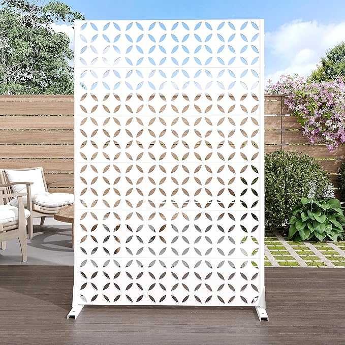 Casaphoria 72" H x 47" W Metal Privacy Screen, Outdoor Freestanding Decorative Divider for Patio, Deck, Balcony, and Garden with Stable Base, White-Daniel