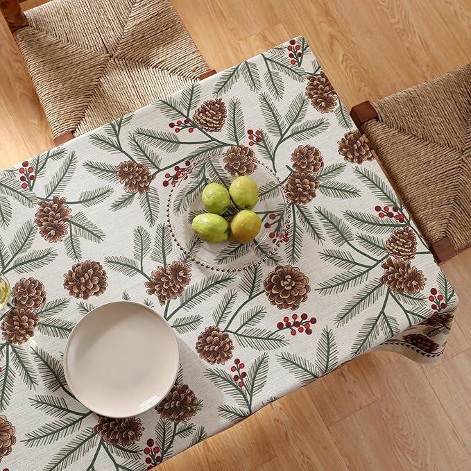 ISAENNE Designer Christmas Beige Linen Extra Long Tablecloth Rectangle,Pinecones Pattern Indoor Table Cloths,Washable Decor Tablecloths for Dining Thanksgiving Kitchen,63"*110"-Carol B