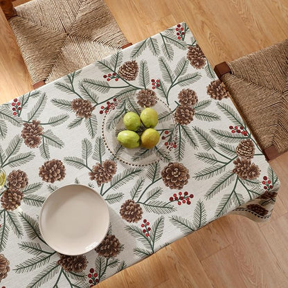 ISAENNE Designer Christmas Beige Linen Extra Long Tablecloth Rectangle,Pinecones Pattern Indoor Table Cloths,Washable Decor Tablecloths for Dining Thanksgiving Kitchen,67"*118"-Carol B