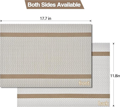 SLKQG Beige White Placemats Set of 6 - Easy Clean Modern Durable Washable Vinyl Place Mats - Heat Resistant Placemats for Kitchen Table - PVC Table Mats for Dining Table (Beige White with Stripes, 6)