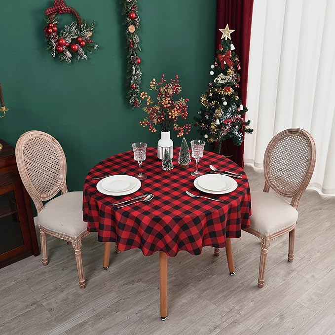 Waterproof Plaid Tablecloth Fabric - Round 120 Inch Classic Gingham Checker Table Cloth for Indoor/Outdoor Use - Buffalo Table Cover for Picnics, BBQs, and Parties