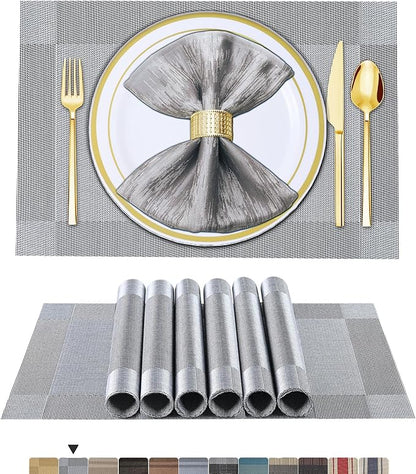 BETEAM Placemats Set of 6, Woven Vinyl Placemat for Dining Table Washable Wipeable Kitchen Place Mats Durable Indoor Outdoor Table Mats