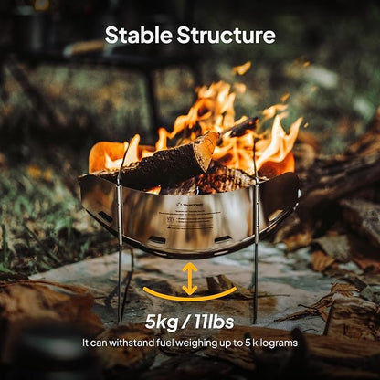Thous Winds Outdoor Fire Pit, 12-inch Portable Camping Fire Pit, Stainless Steel Camp Grill Wood Burning Charcoal for BBQ Bushcraft Backpacking, with Storage Bag