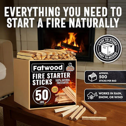 50lb Fatwood Fire Starter Sticks | 100% Natural Fire Starters for Fire Pit, Wood Stoves, Fireplaces & Bonfire | Easy Start w/Just 2 Sticks Burns in All Weather Conditions by Billy Buckskin (50lb Box)