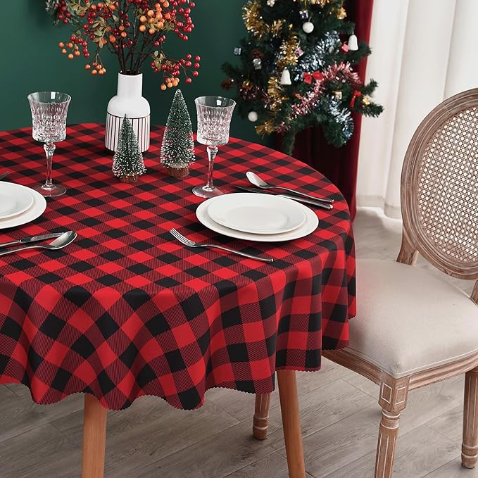Waterproof Plaid Tablecloth Fabric - Round 108 Inch Classic Gingham Checker Table Cloth for Indoor/Outdoor Use - Buffalo Table Cover for Picnics, BBQs, and Parties