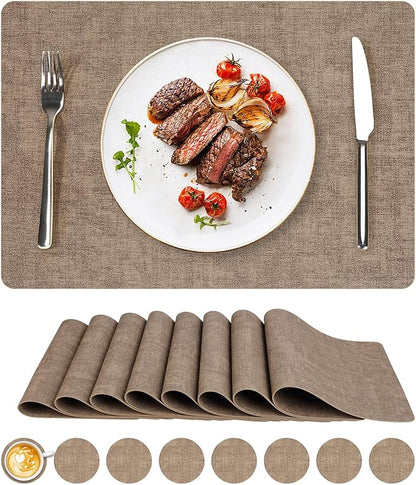 Vinyl Placemats Set of 8, Faux Leather Waterproof and Heat Resistant Place Mats, Washable Anti-Slip Table Mats with Coaster, Wipeable Placemats for Indoor & Outdoor 17" x 12" (Light Coffee, Set of 8)