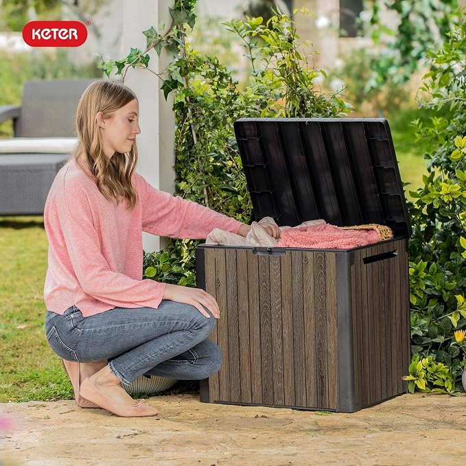 Keter Premium Everwood 30 Gal Outdoor Storage Box and Patio Side Table | Walnut - Image 9