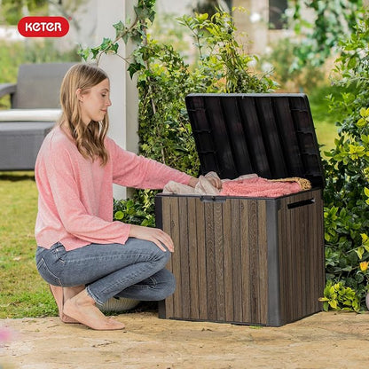 Keter Premium Everwood 30 Gal Outdoor Storage Box and Patio Side Table | Walnut - Image 9