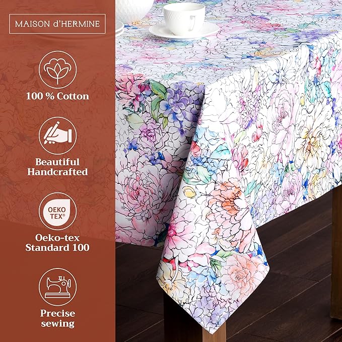 Maison d' Hermine Table Cloth Rectangle Table 100% Cotton 60 x 90 Inches Tablecloth Reusable Decorative for Dining Room, Farmhouse, Home, Party, Festive & Wedding Spring Summer - Floral Love