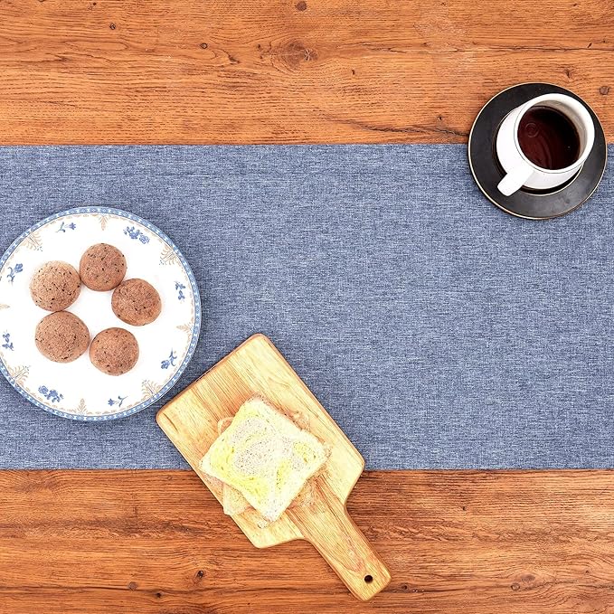 Mebakuk Linen Farmhouse Table Runner Large Burlap Style Soft and Waterproof Decorative Fabric Runner for Outdoor Wedding and Dinner (14 x 36 Inch, Denim Blue)