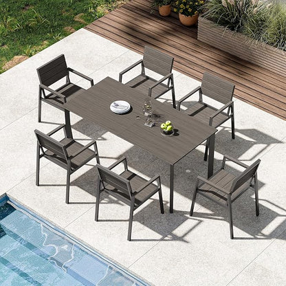 Patio Outdoor Dining Set for 6, Aluminum 7 Piece HDPS Outdooor Table and Chairs Set with Umbrella Hole, Modern Rectangular Patio Furniture Set with All-Weather Table & 6 Chairs (Charcoal)