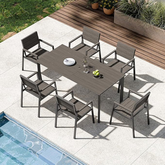 Patio Outdoor Dining Set for 6, Aluminum 7 Piece HDPS Outdooor Table and Chairs Set with Umbrella Hole, Modern Rectangular Patio Furniture Set with All-Weather Table & 6 Chairs (Charcoal)