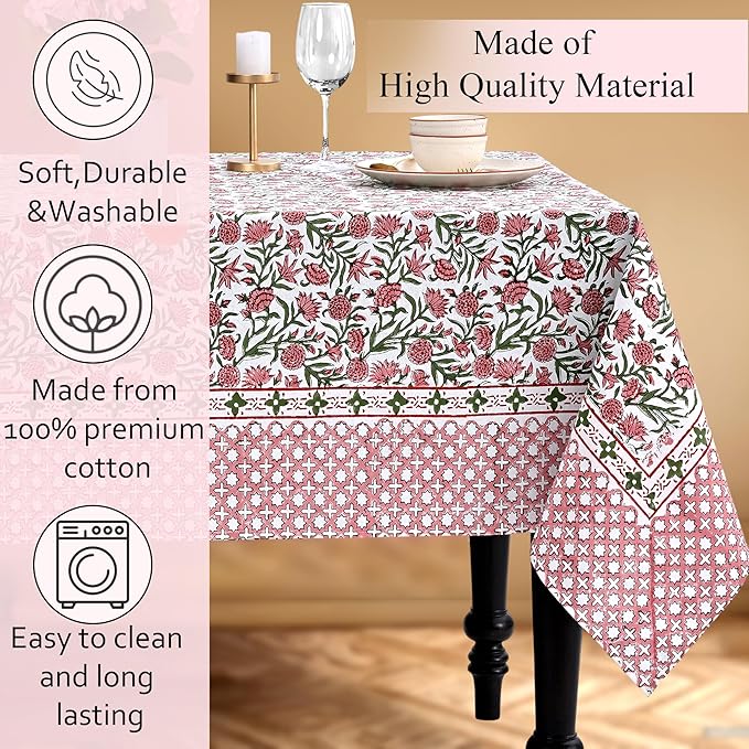 CPC Tablecloth 100% Cotton 60x60 Inch Indian Block Print Square Table Cover, Table Cloth for Weddings, Spring/Summer, Barbeque - Red Garnet