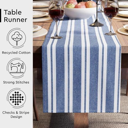 Encasa XO Cotton Dining Table Runner | Franca Blue Stripes | Size 13x91 in - Machine Washable & Durable