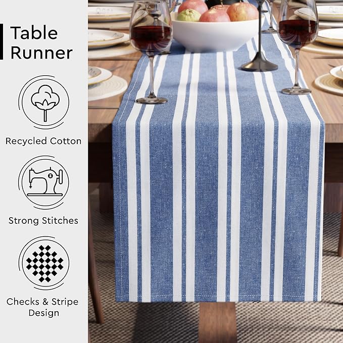Encasa XO Cotton Dining Table Runner | Franca Blue Stripes | Size 13x59 in - Machine Washable & Durable