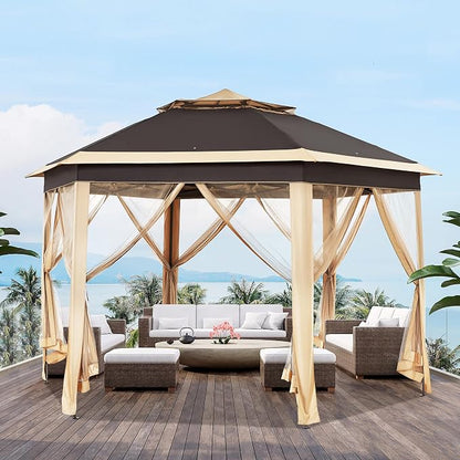 Yaheetech 13x13 Pop Up Gazebo Double-Tier w/Mesh Netting Patio Canopy Brown | - Image 2