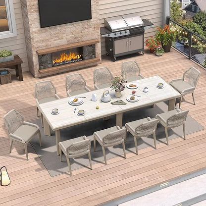 PURPLE LEAF 11 Pieces Patio Dining Set Aluminum Modern Rectangular Table and Wicker Chairs with Cushions for Kitchen Porch Garden Outdoor Furniture Sets, Champagne