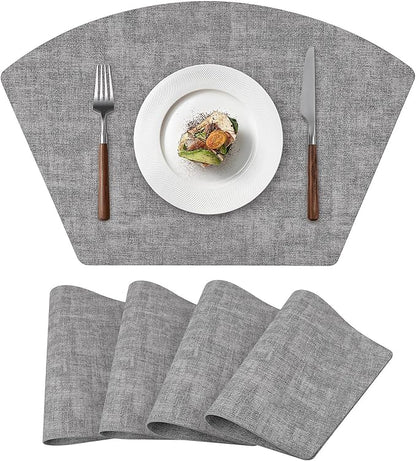 Round Table Placemats Set of 4, Faux Leather Wedge Shape Place Mats Heat Resistant Wipeable Washable Table Mats for Dining Outdoor Indoor, Gray