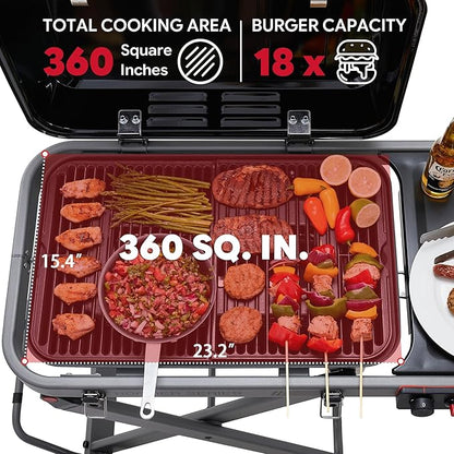 Portable Propane Gas Grill with Folding Cart & 13000 BTUs Burner, 360 Sq. In. Cast Iron Cooking Grates, Side Table, 8" Wheels, Stainless Grease Tray for Outdoor BBQ, Camping & Tailgating, Black
