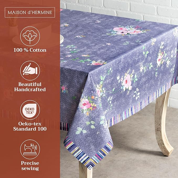 Maison d' Hermine Table Cloth Rectangle Table 100% Cotton 60 x 90 Inches Tablecloth for Dining Room, Farmhouse, Home, Party, Festive & Wedding Spring Summer - Sweet Rose Lavender - Country Garden