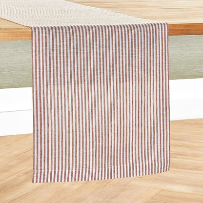 Solino Home Linen Table Runner 48 Inches - Narrow Stripe 100% Pure Linen Cinnamon and White Table Runner 14 x 48 Inch Ideal for Dresser and Coffee Tables