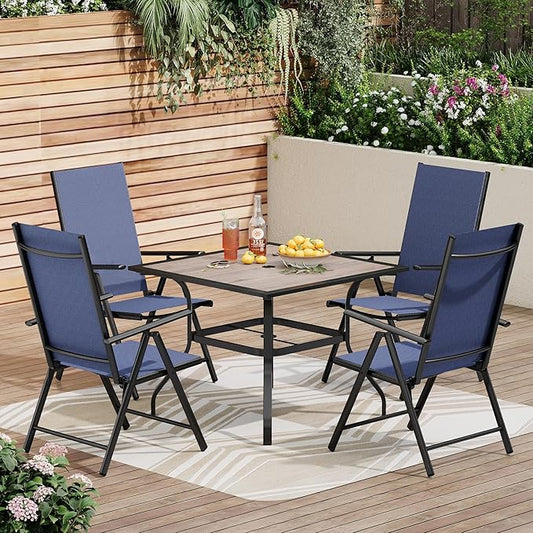 PHI VILLA 5-Piece Patio Dining Set for Outdoor, Patio Table and Chairs Set with Square Wooden-Like Table & Patio Folding Sling Chairs (Blue)