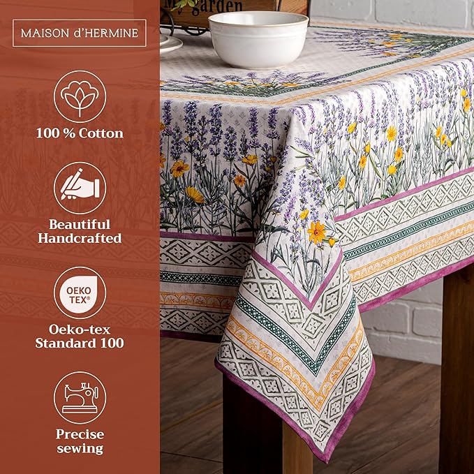 Maison d' Hermine Table Cloth Square Table 100% Cotton 54 x 54 Inches Tablecloth Reusable Decorative for Dining Room, Farmhouse, Home, Party, Festive & Wedding Spring Summer - Fanny Lavender
