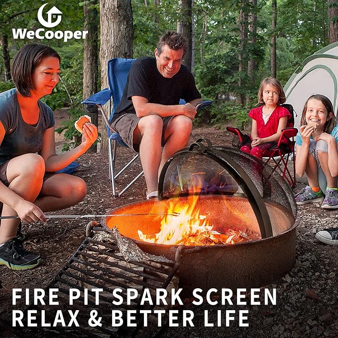 Outdoor Fire Pit Spark Screen Cover Accessory, 36In Patio Round Easy-Opening Fire Mesh Screen Guard, Heavy Duty Steel Firepit Ember Lid with Hinge