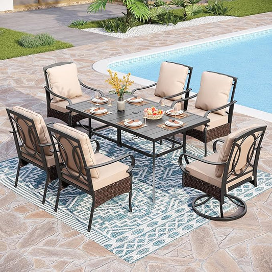 PHI VILLA Outdoor Dining Set for 6, Outdoor Table and Chairs Set for 6, 4 Extra Large Dining Chairs & 2 Swivel Chairs, Rectangular Metal Slat Dining Table for Deck, Backyard and Garden
