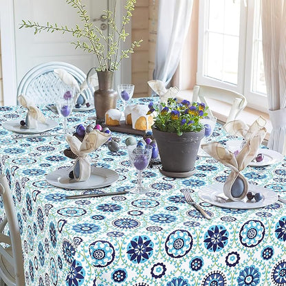 misaya Rectangle Waterproof Vinyl Table Cloth, Wipeable Tablecloth with Flannel Backing, Plastic Table Cover for Dinner, Picnic, Indoor and Outdoor (Navy Mandala, 60" x 120")