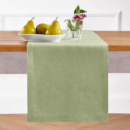 Solino Home Linen Small Table Runner 36 Inches - Athena, 100% Pure Linen Chambray Olive Table Runner 14 x 36 Inch Ideal for Dresser and Coffee Tables - Spring, St Patricks Day