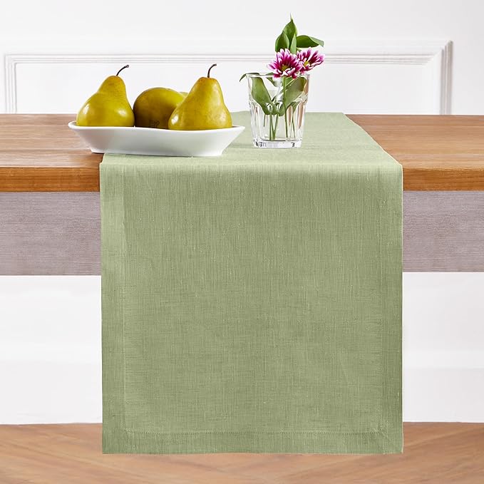 Solino Home Linen Table Runner 120 Inches Long - Athena, 100% Pure Linen Chambray Olive Table Runner 14 x 120 Inch for Dining, Spring, St Patricks Day