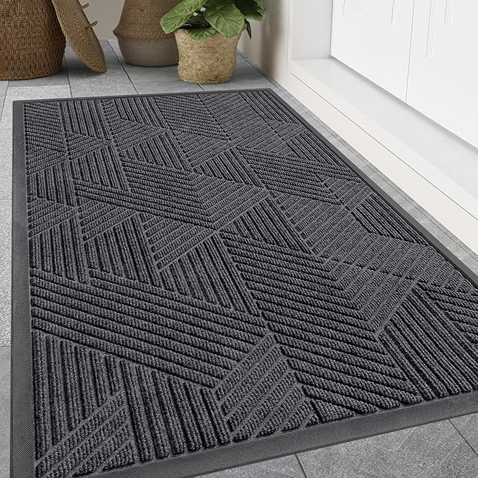 Smiry Front Door Mat Outside Entrance, Heavy Duty Sturdy Natural Rubber Doormat, Trap Dirt and Moisture, Easy Clean Low Profile Mats for Indoor Outdoor Entry, Irregular Triangle (47x24, Medium Grey)