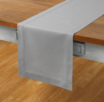 Solino Home Light Grey Table Runner 90 Inches Long - Cotton Linen Hemstitch 14 x 90 Inch Table Runner for Dining, Spring, Easter