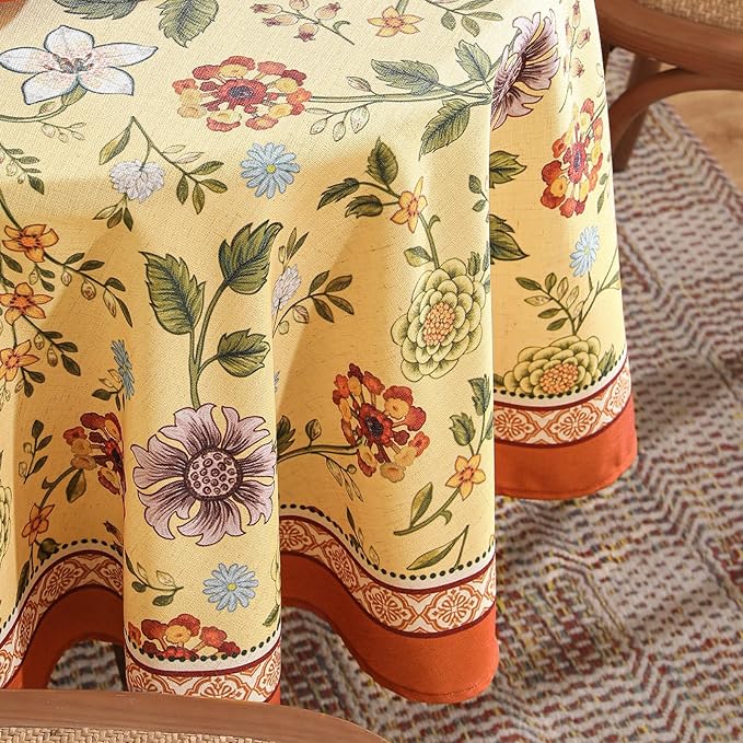 Vintage Linen Small Tablecloth for Round Table,Yellow Floral French Wrinkle Free Tablecloths,Decorative Table Cover for Kitchen,Dining,Thanksgiving,Farmhouse,Diameter 55"-Bellano