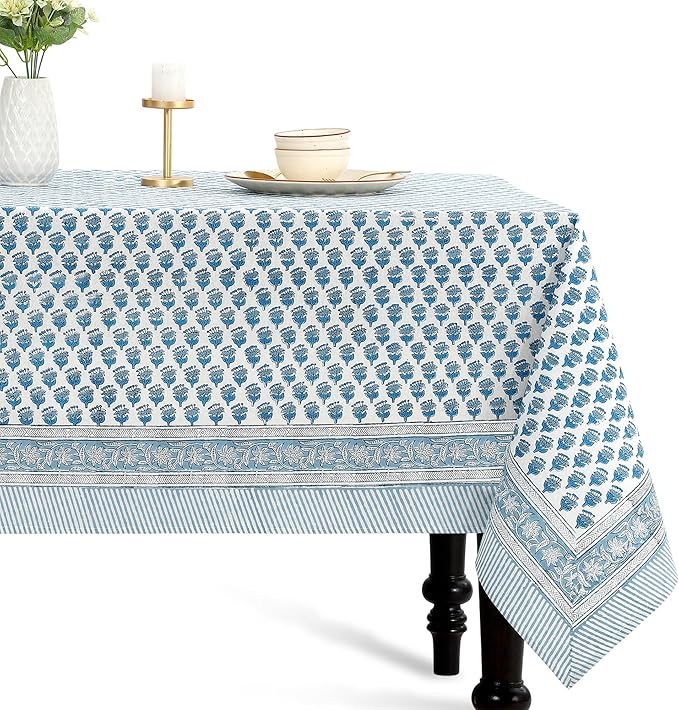 CPC Tablecloth 100% Cotton 60x60 Inch Indian Block Print Square Table Cover, Table Cloth for Weddings, Spring/Summer, Barbeque - Apatite Blue