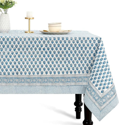 CPC Tablecloth 100% Cotton 72x190 Inch Indian Block Print Rectangle Table Cover, Blue Table Cloth for Weddings, Spring/Summer, Barbeque - Apatite Blue
